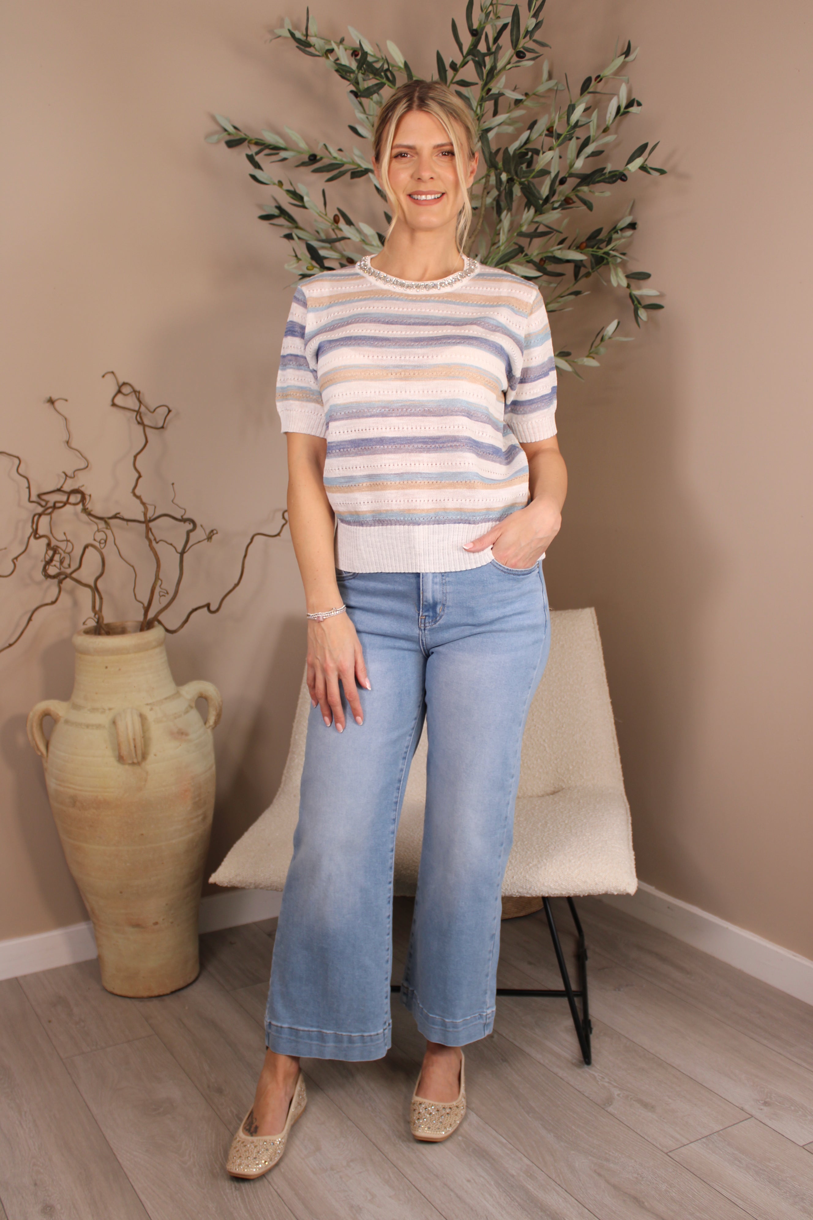 Porto Stripe Diamante Neck Jumper