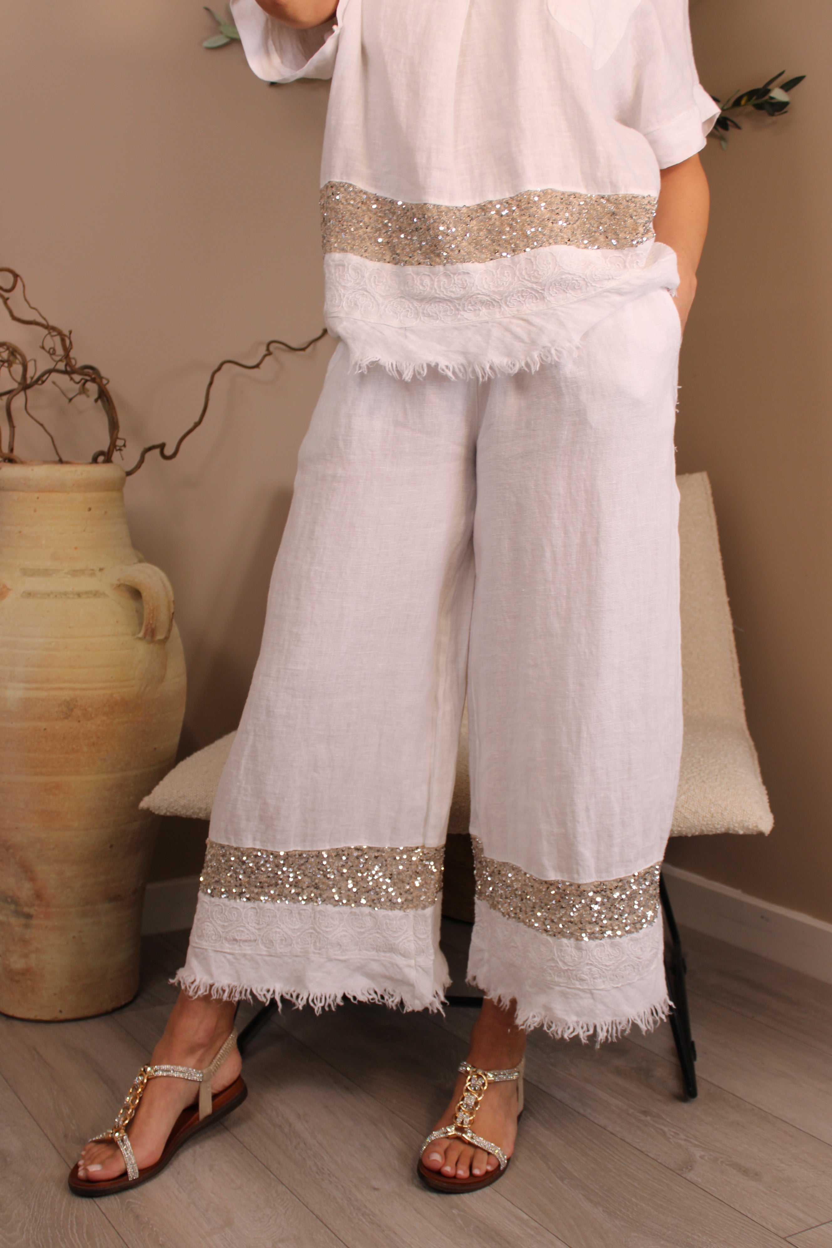 Roma Linen Sequin Trousers